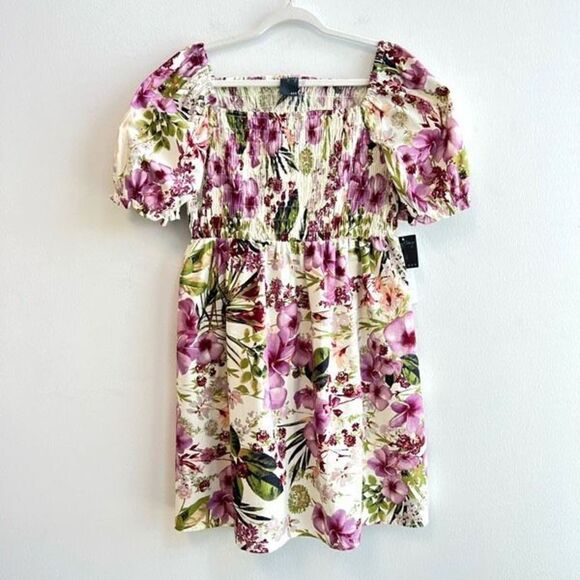 Brand New Gabby Skye Smocked Floral Cotton Poplin Dress Ivory Purple Size 16 - Picture 2 of 15